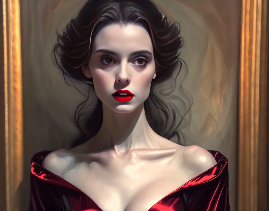 Portrait of Woman with Wavy Hair and Red Lipstick in Satin Dress