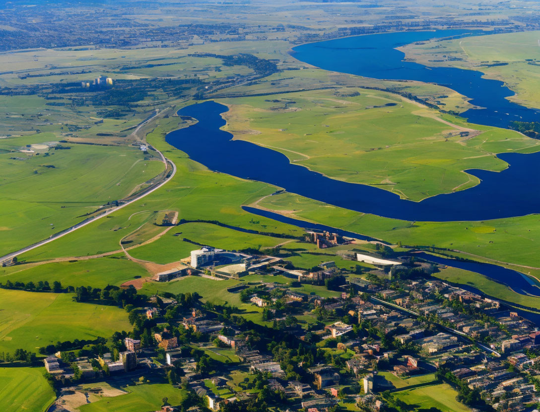 Winding River, Small Town, Lake, Green Fields: Aerial View