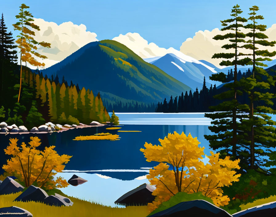 Tranquil mountain landscape with trees, lake, and clear sky