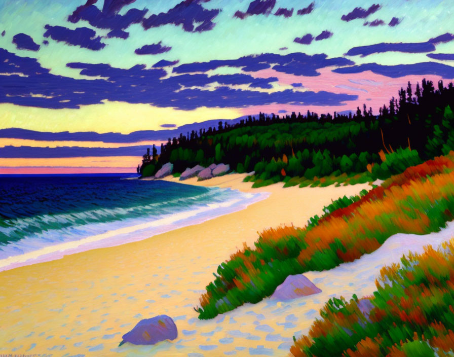 Colorful sunset beachscape painting with vibrant purples, pinks, blue ocean, sandy shoreline