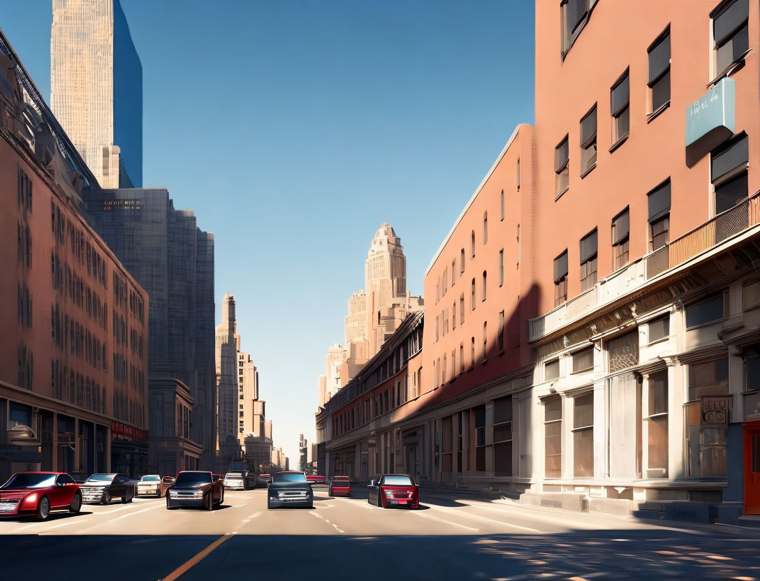 Urban street scene with cars, tall buildings, and long shadows under clear blue sky