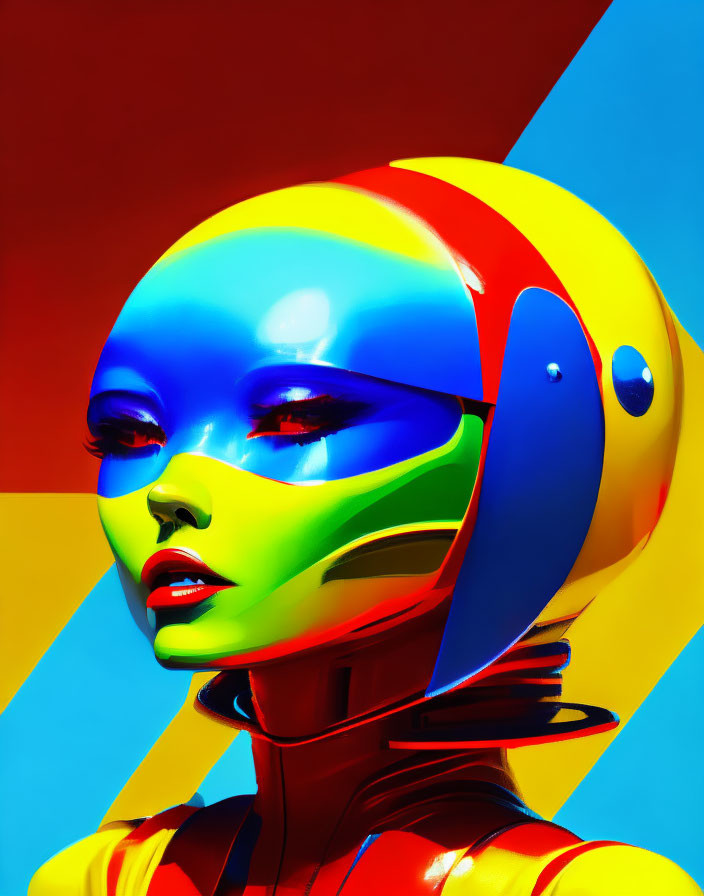 Colorful Humanoid Portrait with Multicolored Face on Geometric Background