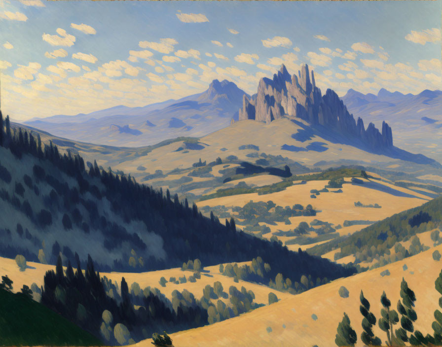 Tranquil landscape painting: rolling hills, scattered trees, mountain range, cloud-dappled sky