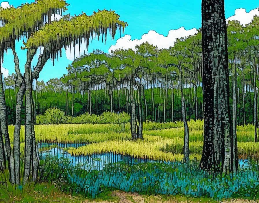 Stylized marshy woodland scene with lush green grass, pond, hanging moss, and blue sky