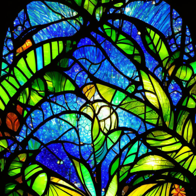 Colorful stained glass window with blue and green mosaic design