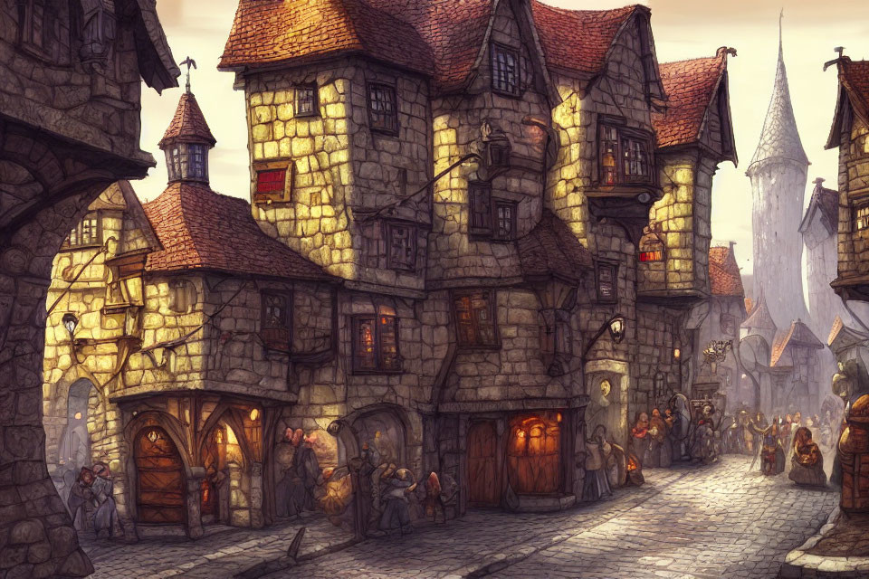 Medieval village illustration: cobblestone streets, bustling townsfolk, stone buildings, warm light