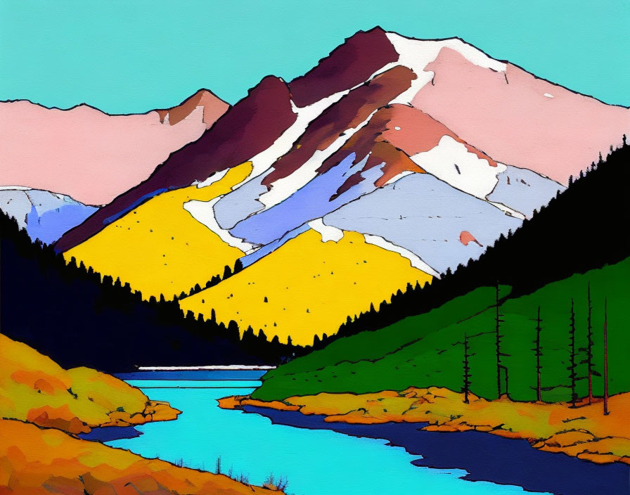 Colorful Stylized Landscape with Mountains, River, Forests & Fields