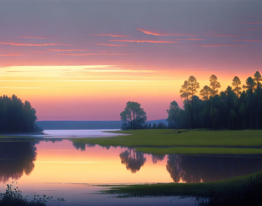 Tranquil Dawn Lake with Purple to Orange Sky Gradient & Silhouetted Pine Trees