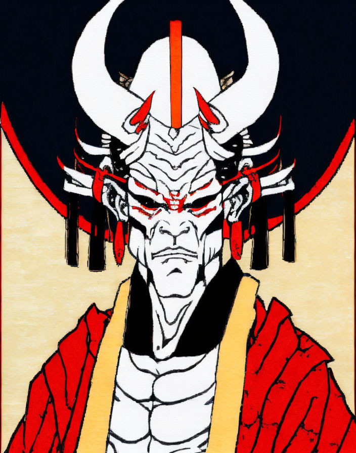 Fierce character with red and white markings in Japanese attire