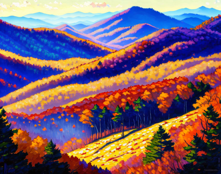 Colorful Autumn Landscape with Vibrant Mountains and Clear Blue Sky