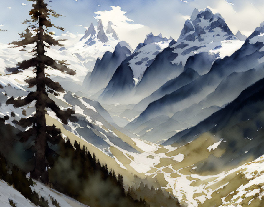 Snowy Mountain Peaks Watercolor Landscape with Lone Pine Tree