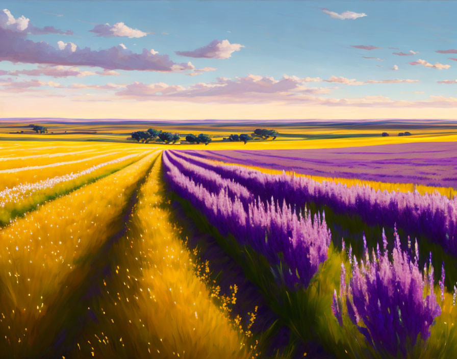 Colorful rural landscape with yellow and purple flowering fields under a vast sky