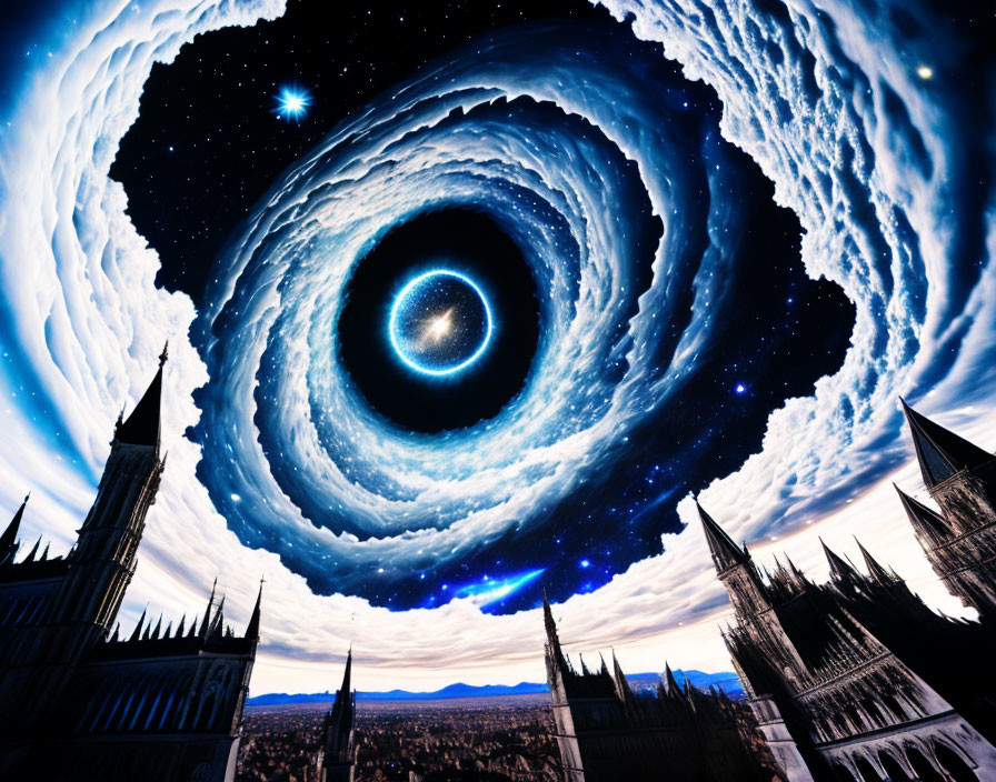 Surreal artwork: Gothic spires in cosmic vortex