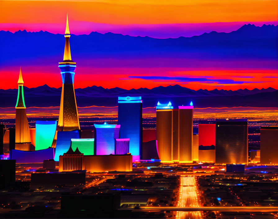 Iconic Las Vegas skyline illuminated against fiery sunset