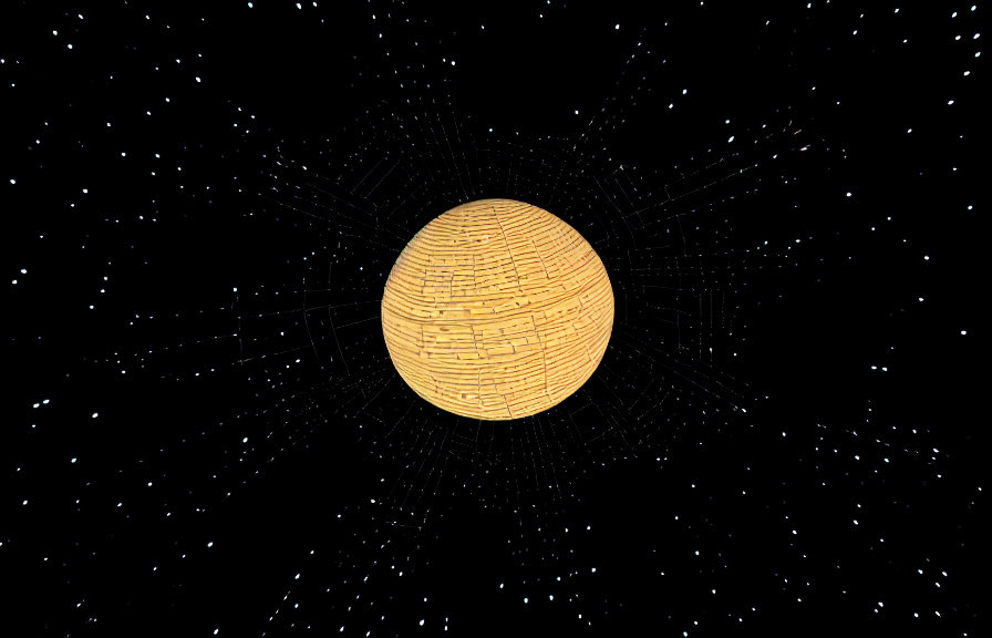 Yellow Textured Sphere Surrounded by White Dots on Black Background