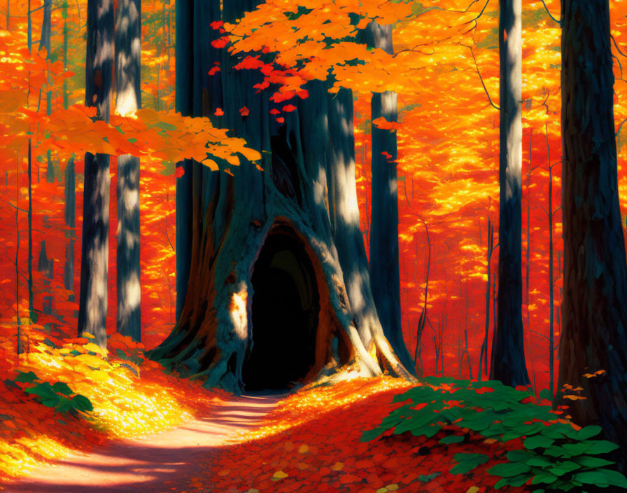 Autumn forest scene with large hollow tree and warm sunlight on fiery-red leaves