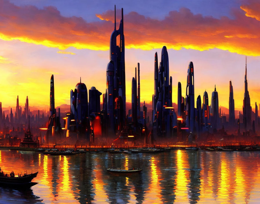 Futuristic city skyline at sunset with sleek skyscrapers and boats on water