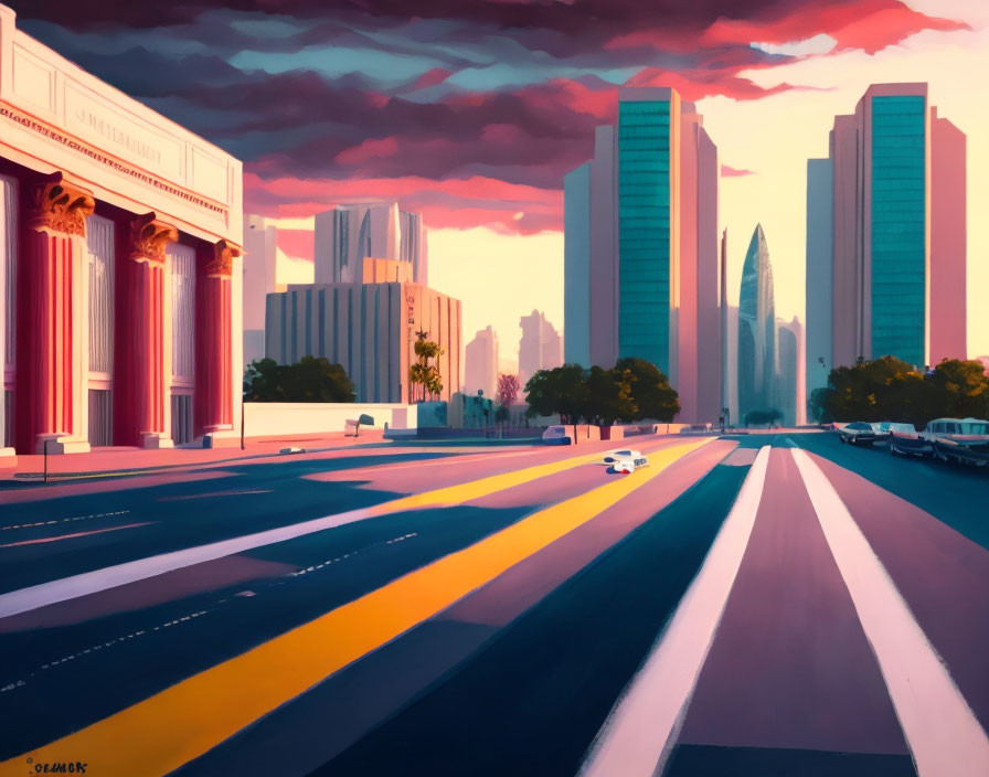 Colorful cityscape illustration at sunrise or sunset with crosswalks, classic building, and modern skys