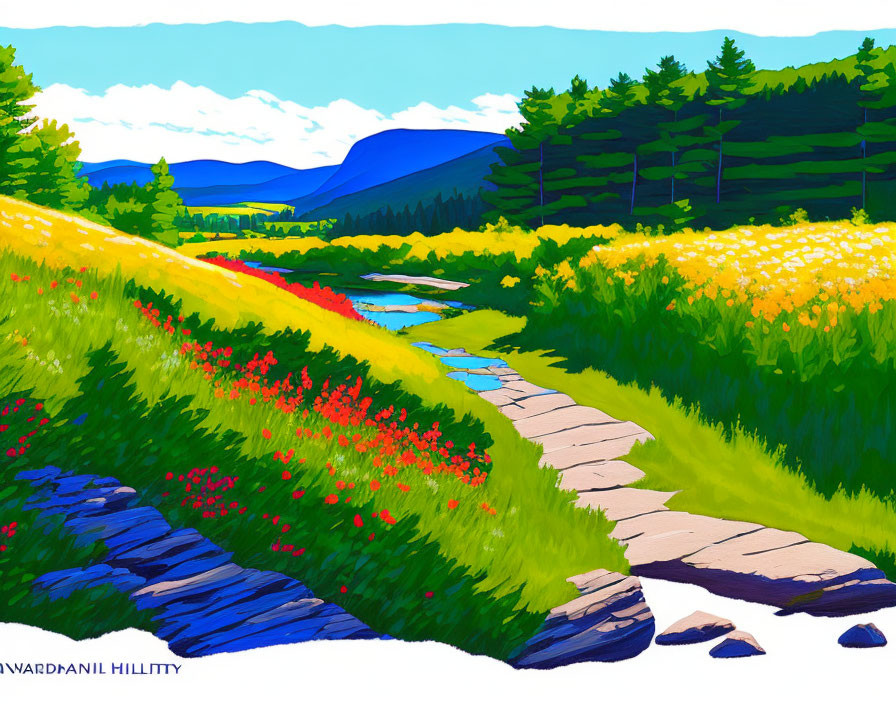 Colorful Meadow Pathway Leading to Distant Hills