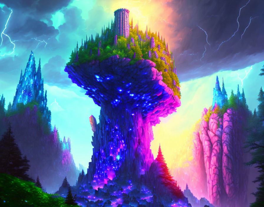 Fantasy landscape with floating island, glowing crystals, tower, trees, and lightning.