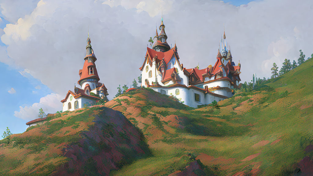 Castle with Multiple Spires and Red Roofs on Green Hill