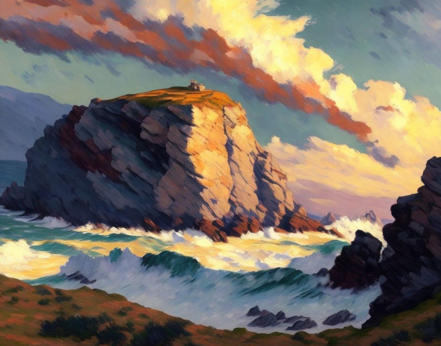 Scenic painting of seaside cliff with lighthouse, dramatic sky, and turbulent sea