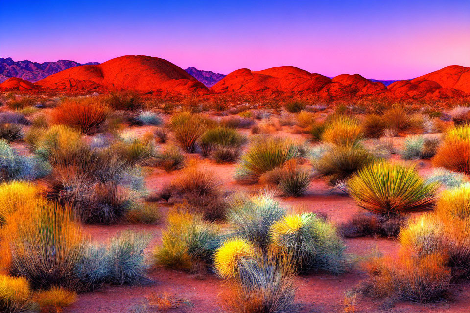 Vibrant Purple Twilight Desert Landscape with Silhouetted Mountains