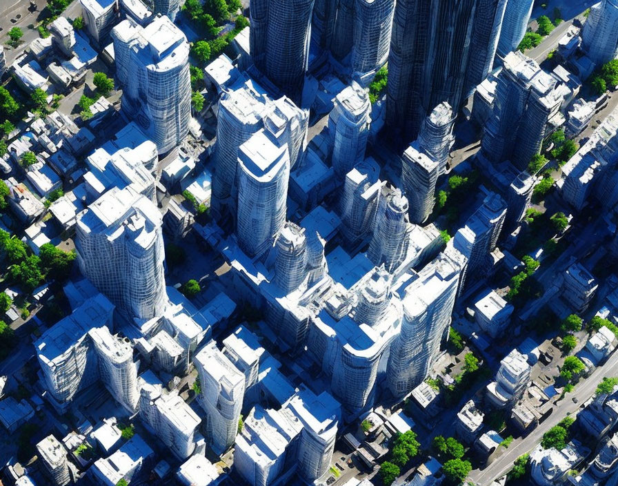 Dense urban area with high-rise buildings and grid-like shadows