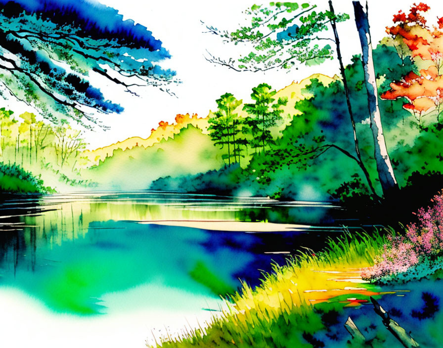 Serene landscape watercolor painting with river, trees, and reflections