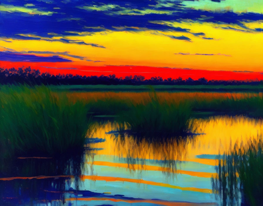 Vivid Sunset Painting with Orange and Red Skies