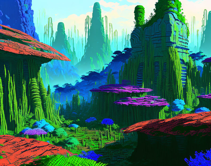 Colorful alien landscape with green rock formations and purple foliage