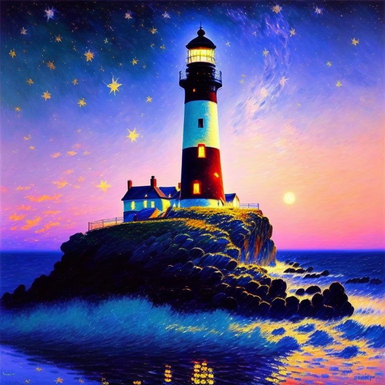 Lighthouse painting on cliff at dusk with stars and glowing sunset