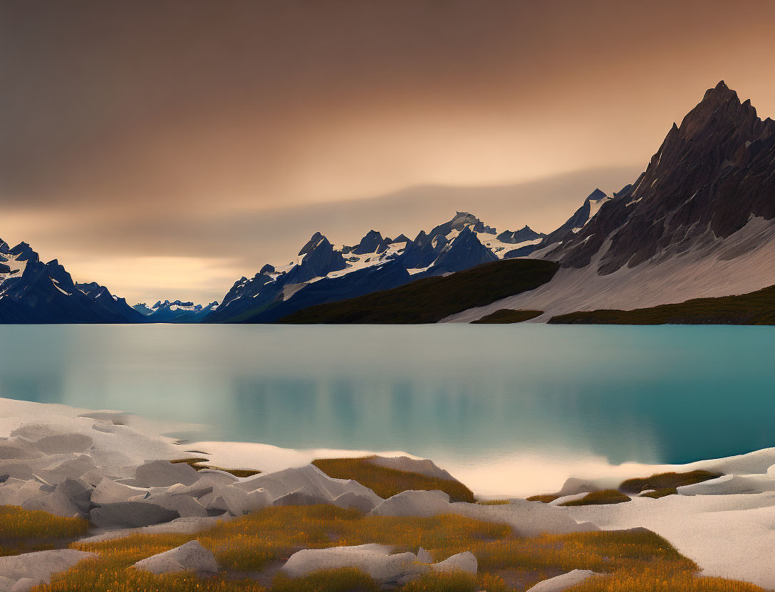 Tranquil landscape: turquoise lake, snowy shore, jagged mountains, orange sky