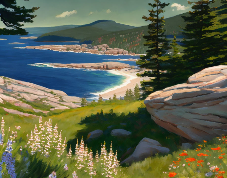 Vibrant wildflowers in coastal landscape with beach and mountains