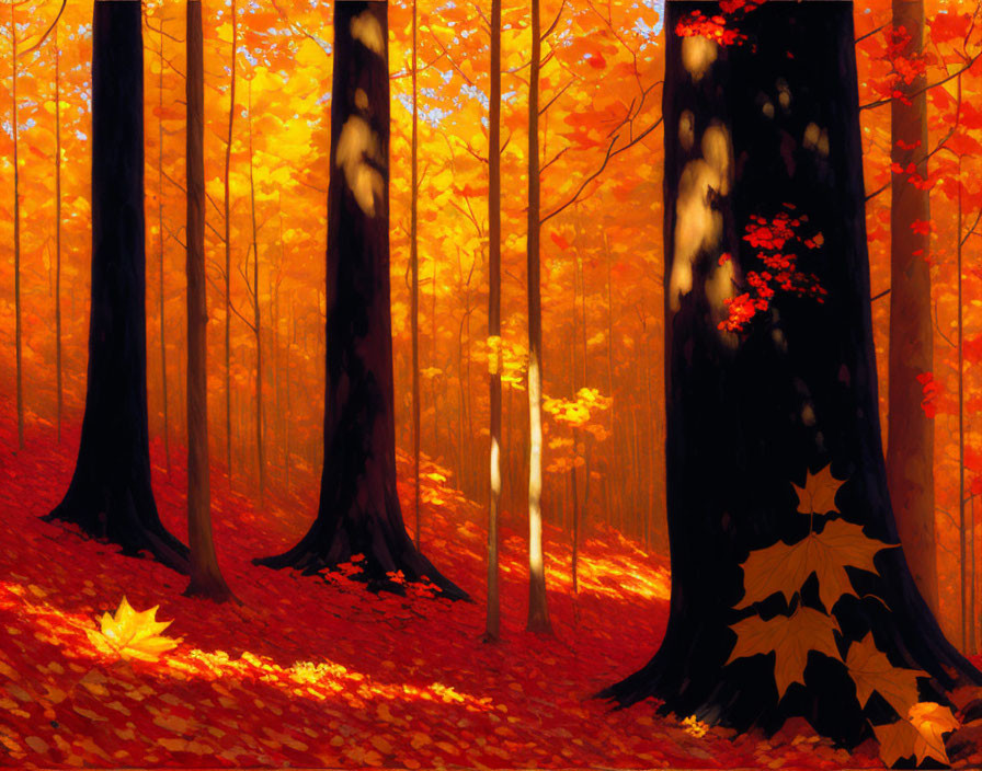 Colorful Autumn Forest with Bright Orange and Red Leaves