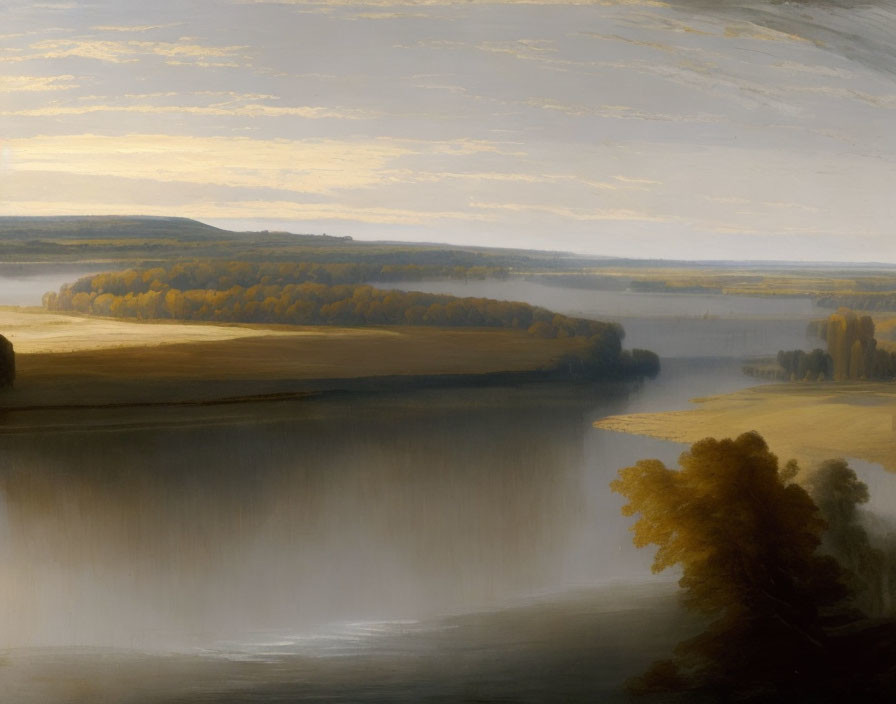 Tranquil landscape painting of river in valley at dawn or dusk