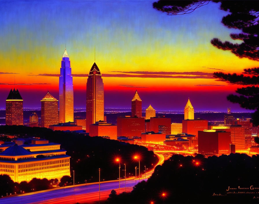 City skyline at sunset with silhouetted skyscrapers and car lights