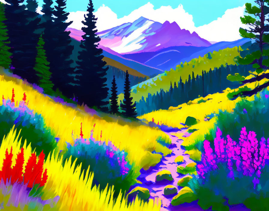 Colorful Mountain Landscape Painting with Path, Flowers, and Pine Trees