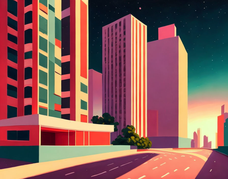 Vibrant cityscape sunset with stylized buildings and starry sky