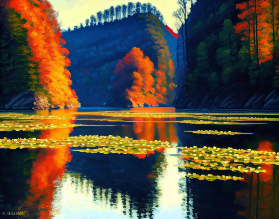 Serene river with autumn trees and lily pads