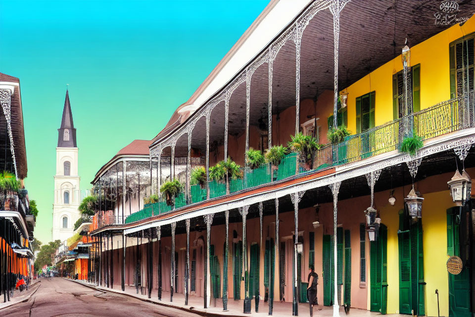 Vibrant street scene with old buildings, balconies, and steeple