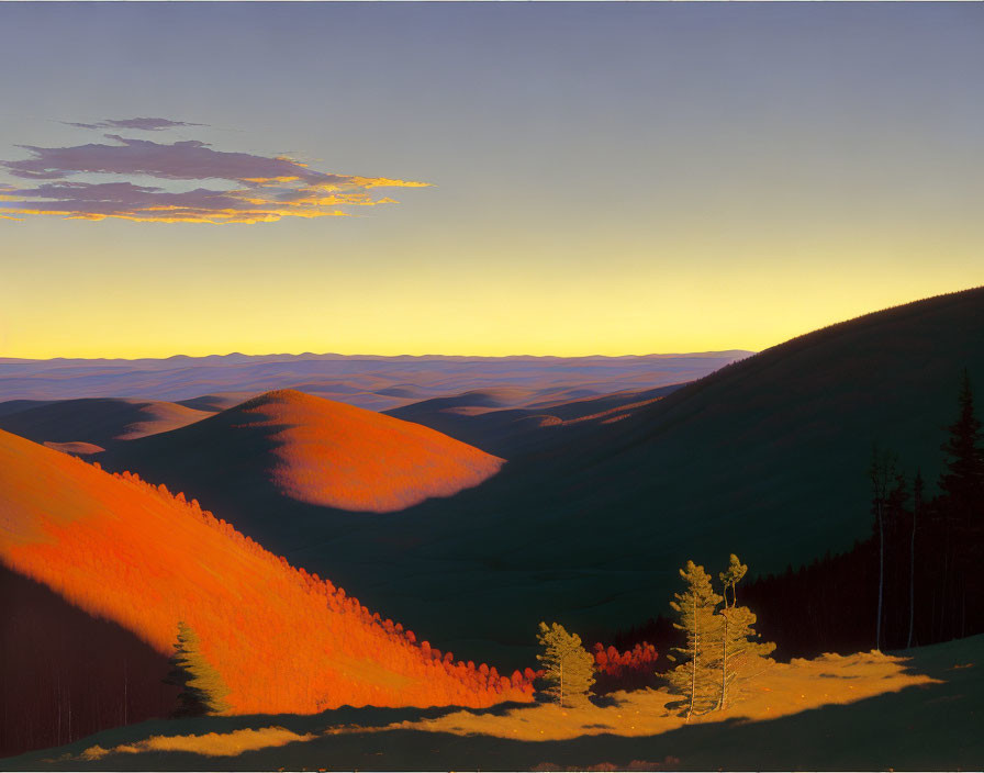 Vibrant sunset over rolling hills with silhouetted trees