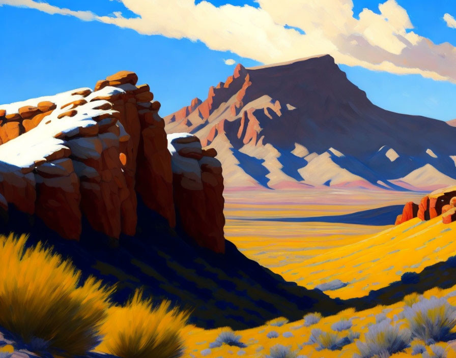 Sunlit desert landscape with rocky formations and blue sky