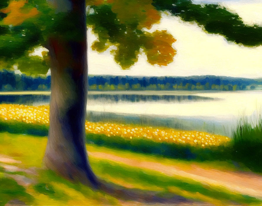 Serene lakeside scene with lush trees and yellow flowers