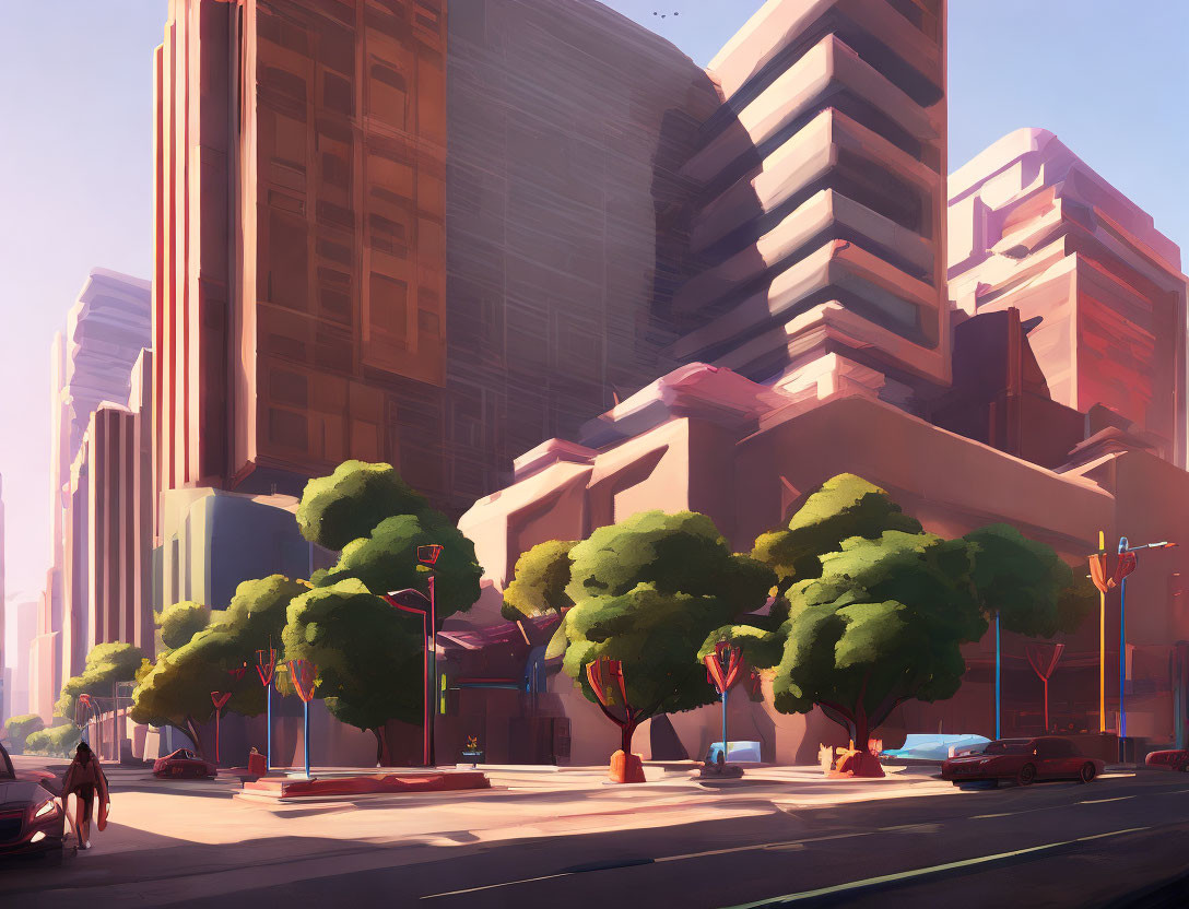 Modern urban cityscape with tall buildings, shadows, sunlit street, green trees, and pedestrian.