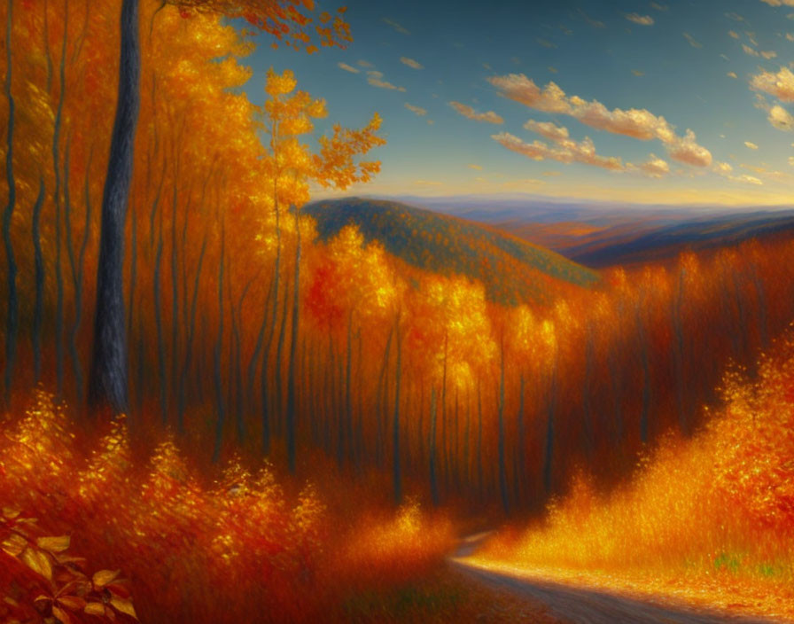 Sunlit autumn path through golden trees and rolling hills