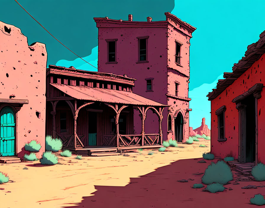 Colorful Deserted Western Town with Pink Building & Balcony