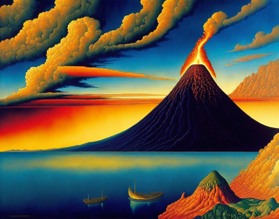 Volcanic eruption painting with fiery clouds, flowing lava, water, and boats