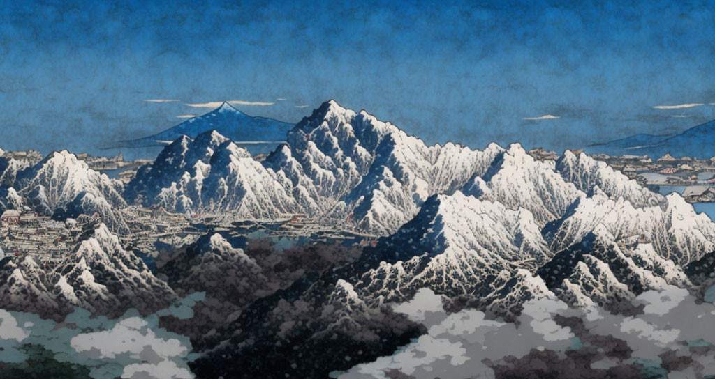 Stylized snowy mountain peaks under blue sky