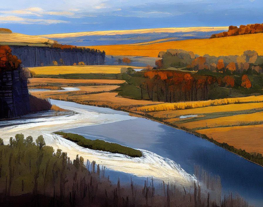 Scenic autumn landscape with winding river and golden fields